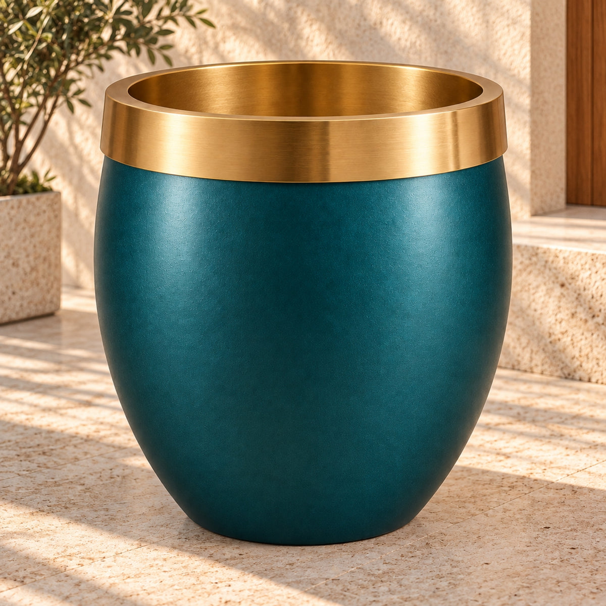 TEAL & GOLD ROUND METAL PLANTER