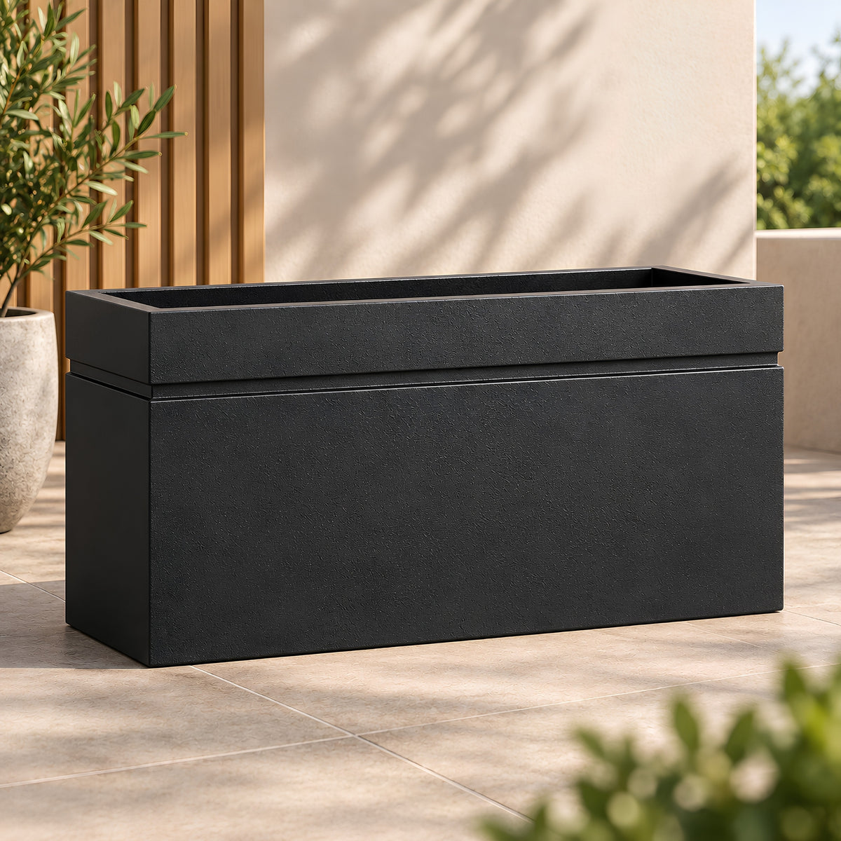 RECTANGULAR TEXTURED BLACK OUTDOOR PLANTER