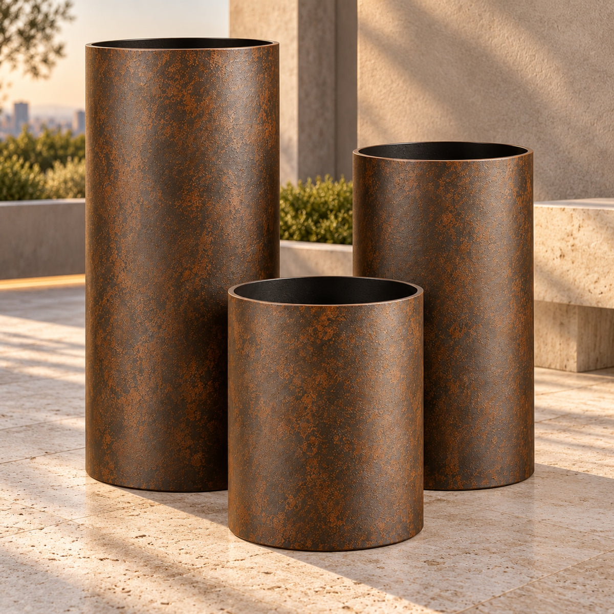 ANTIQUE COPPER CYLINDRICAL PLANTER SET