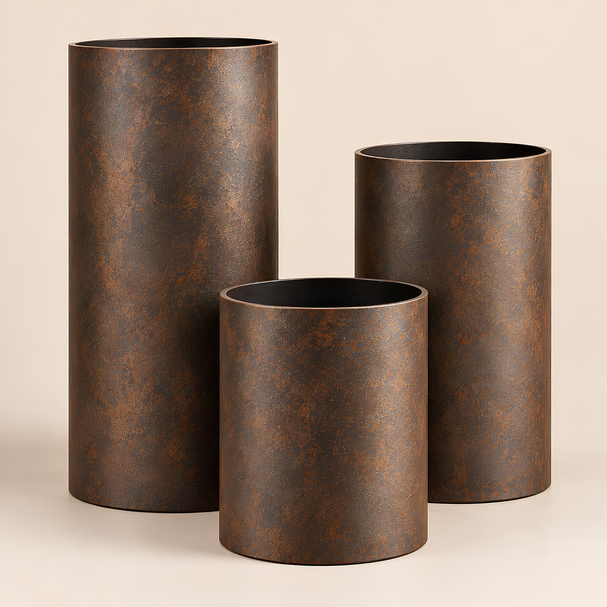 ANTIQUE COPPER CYLINDRICAL PLANTER SET