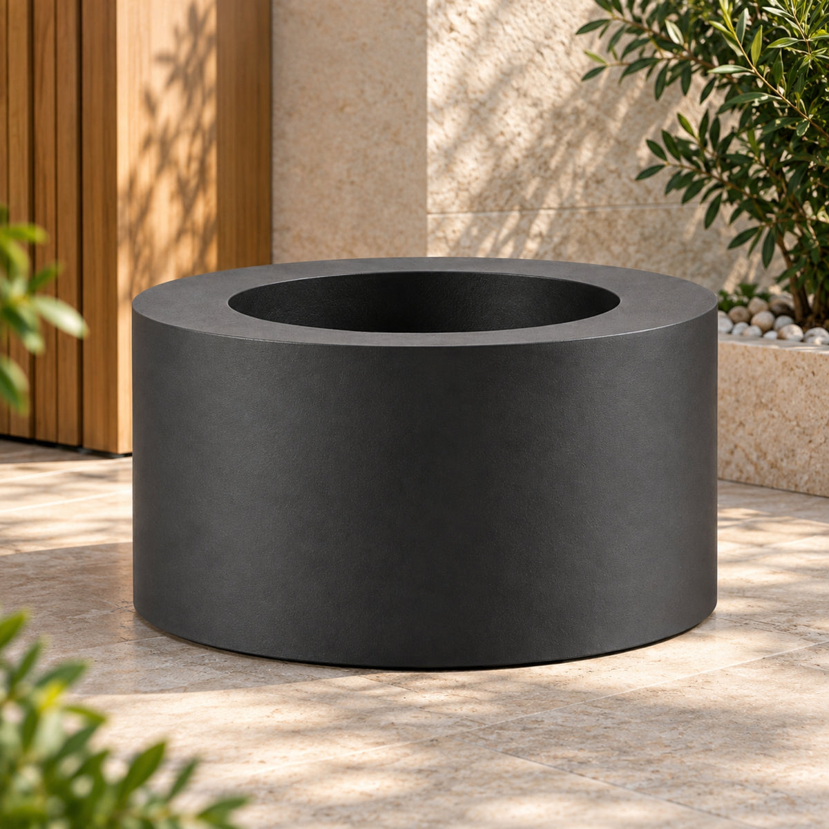LOW ROUND CYLINDRICAL OUTDOOR PLANTER