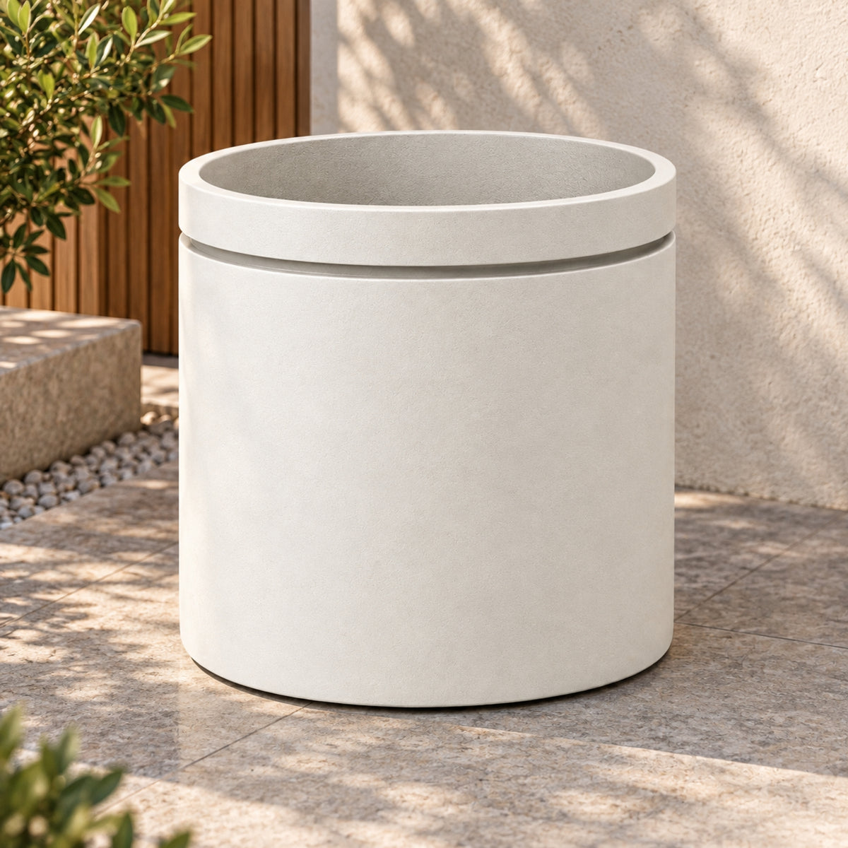 WHITE CYLINDRICAL OUTDOOR PLANTER