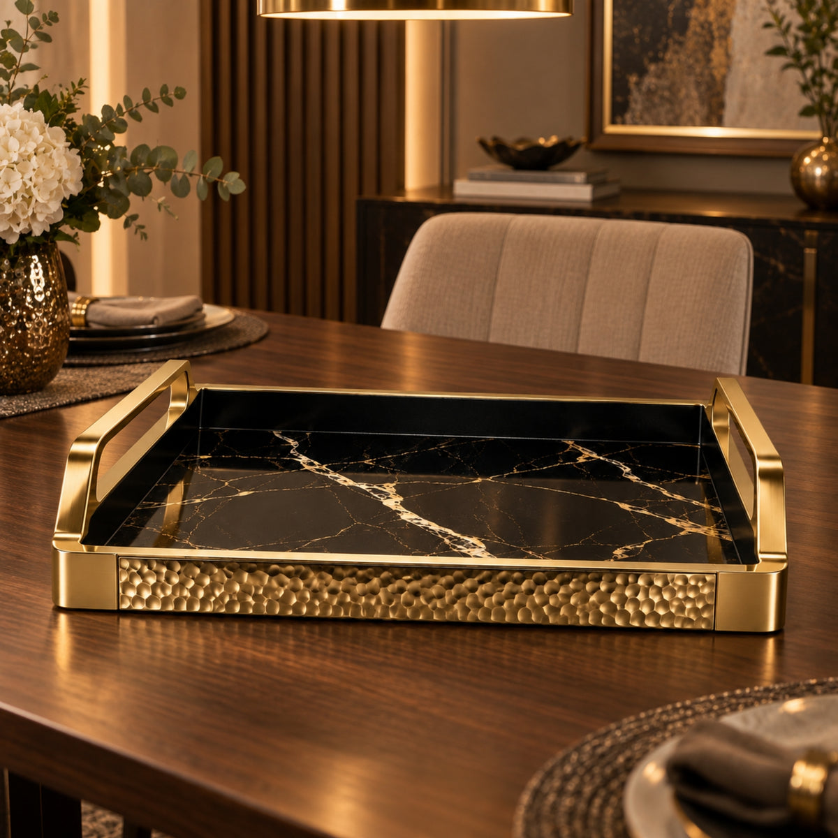 HAMMERED GOLD & BLACK MARBLE SERVING TRAY