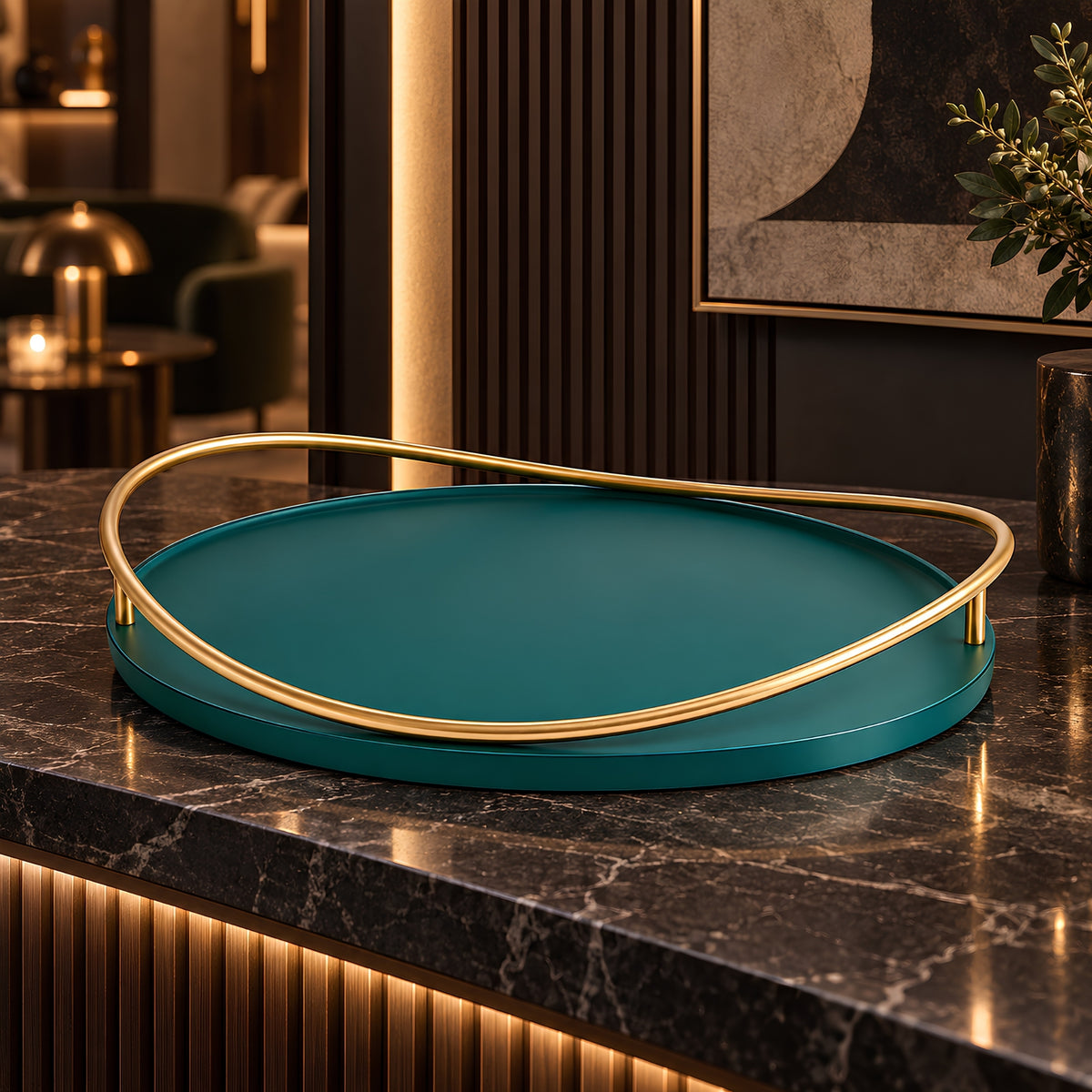 OVAL TRAY WITH GOLD RAIL HANDLE