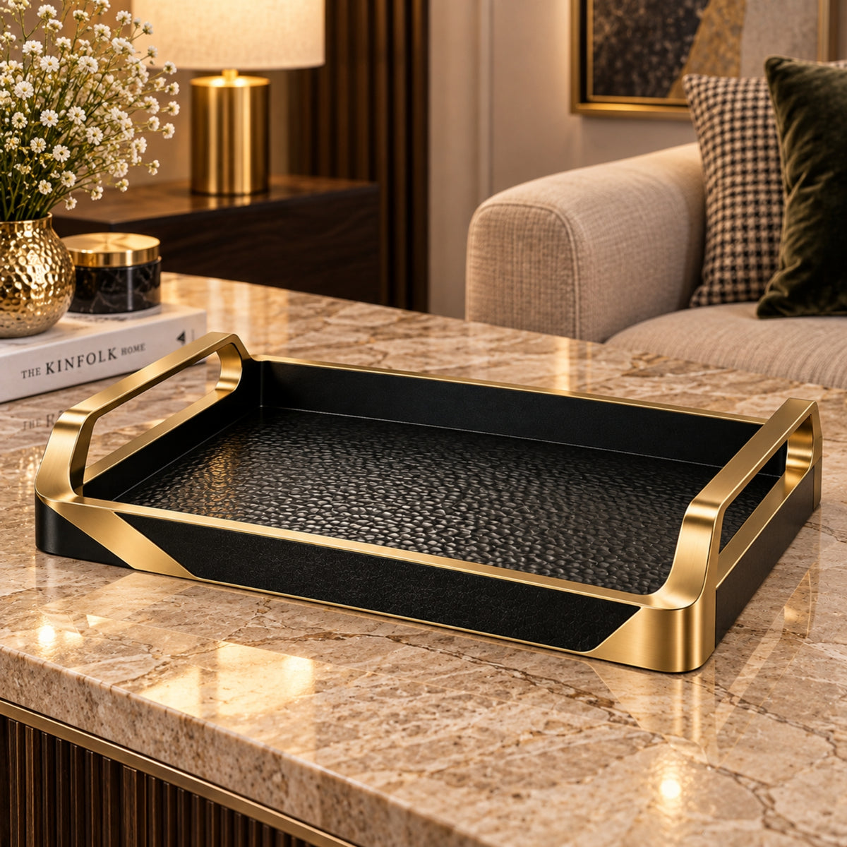 HAMMERED BLACK & GOLD RECTANGULAR SERVING TRAY