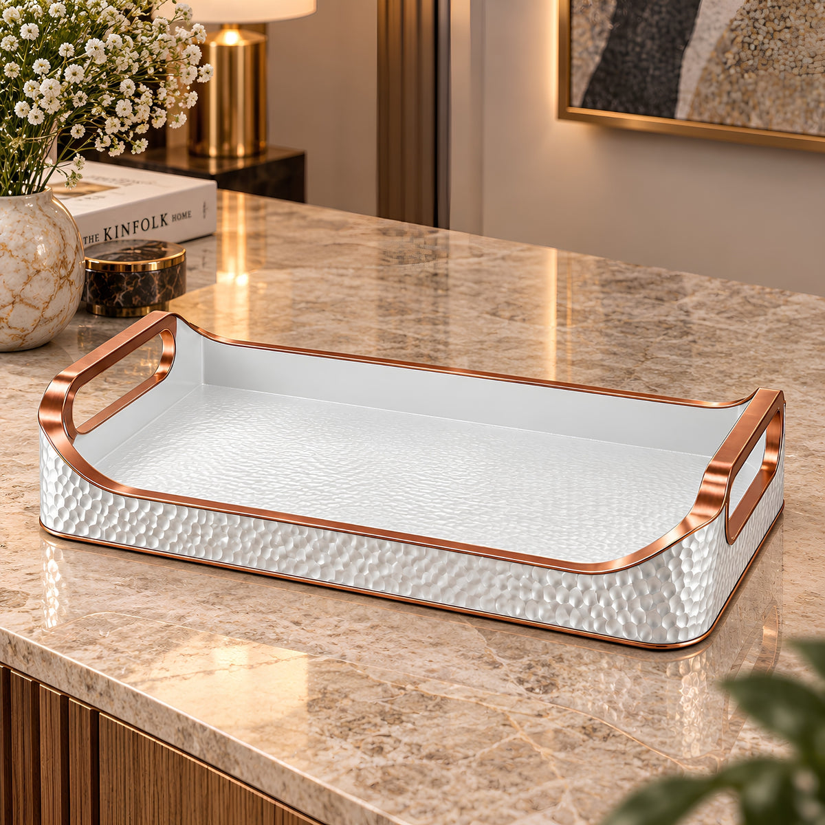 HAMMERED WHITE & COPPER RECTANGULAR SERVING TRAY