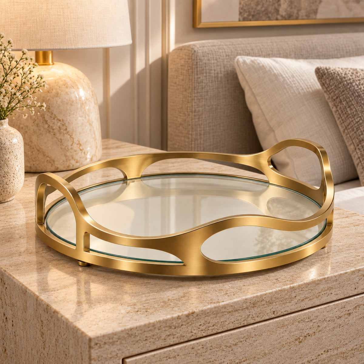 GOLD WAVE FRAME GLASS SERVING TRAY