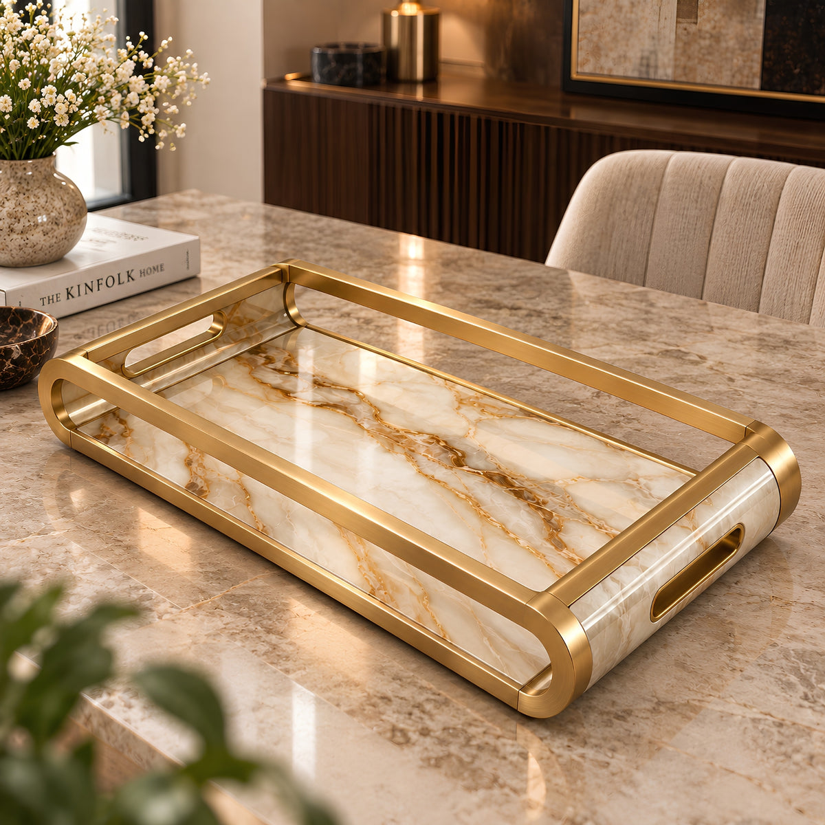 MARBLE INLAY GOLD FRAME SERVING TRAY