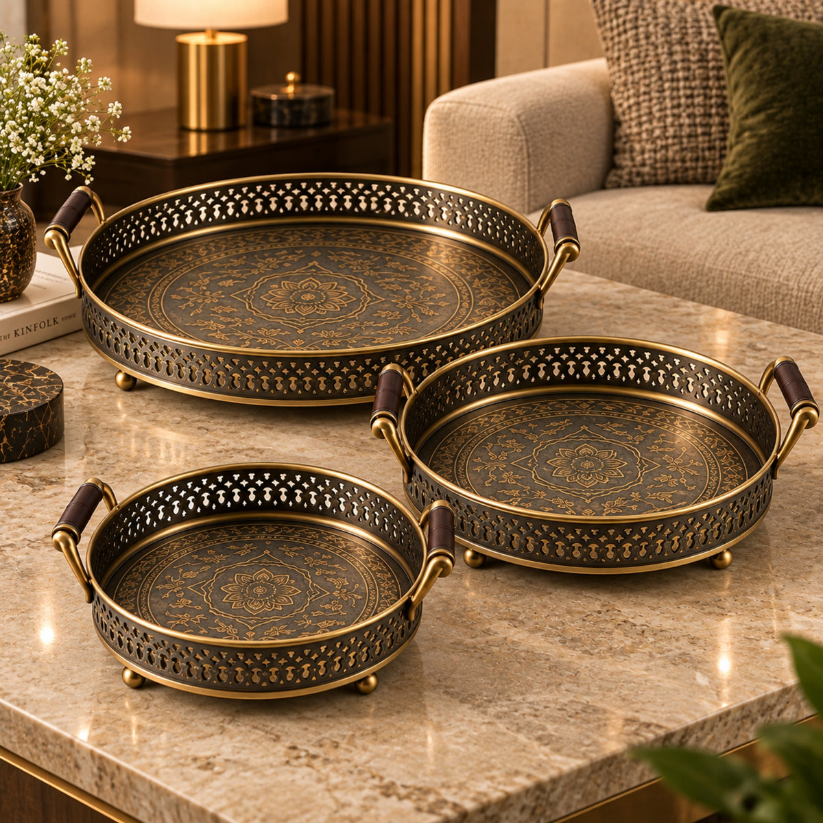 VINTAGE FILIGREE ROUND TRAY SET