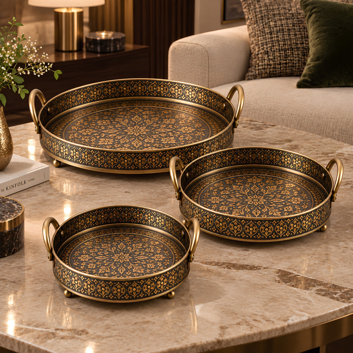 ANTIQUE FLORAL ENGRAVED ROUND TRAY SET