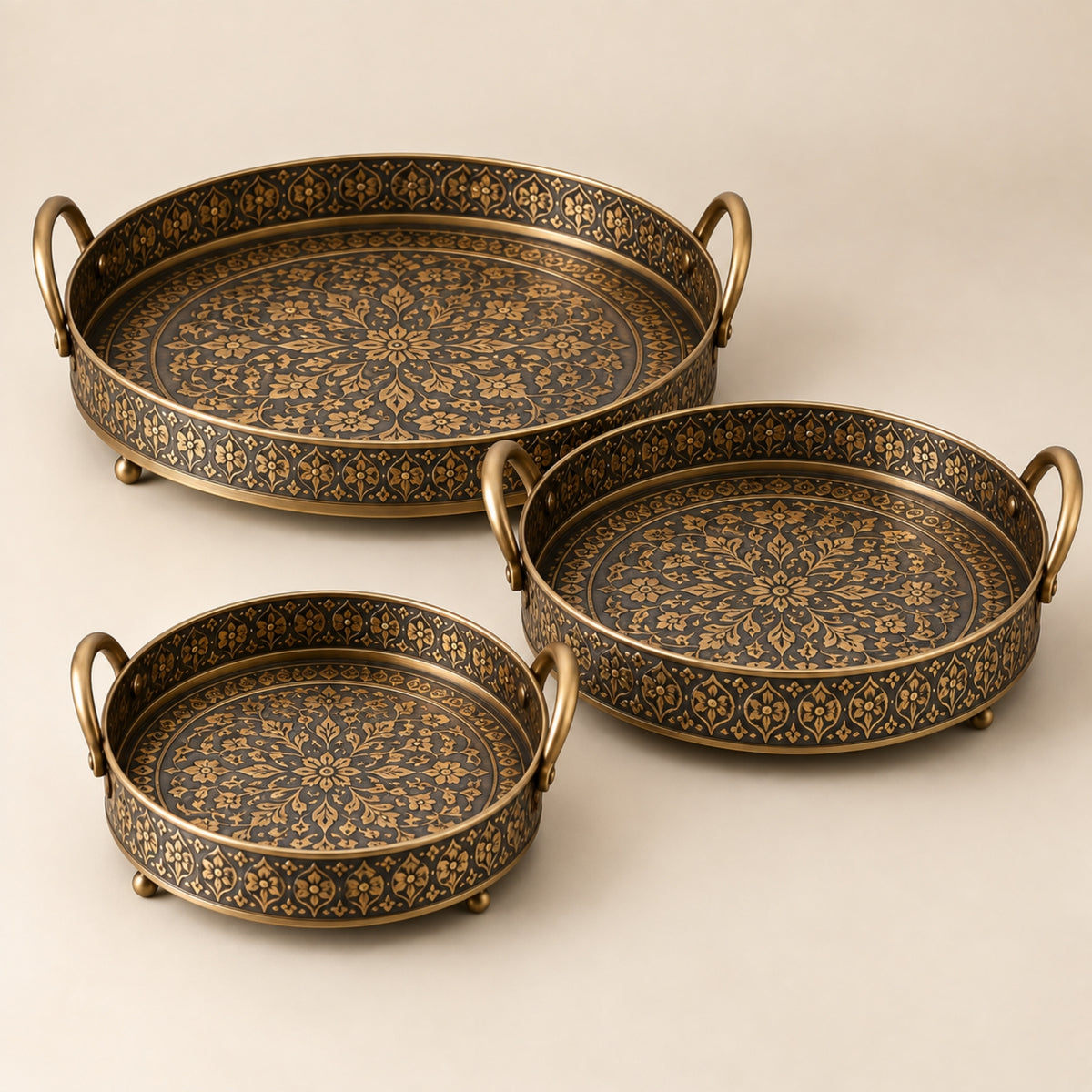 ANTIQUE FLORAL ENGRAVED ROUND TRAY SET