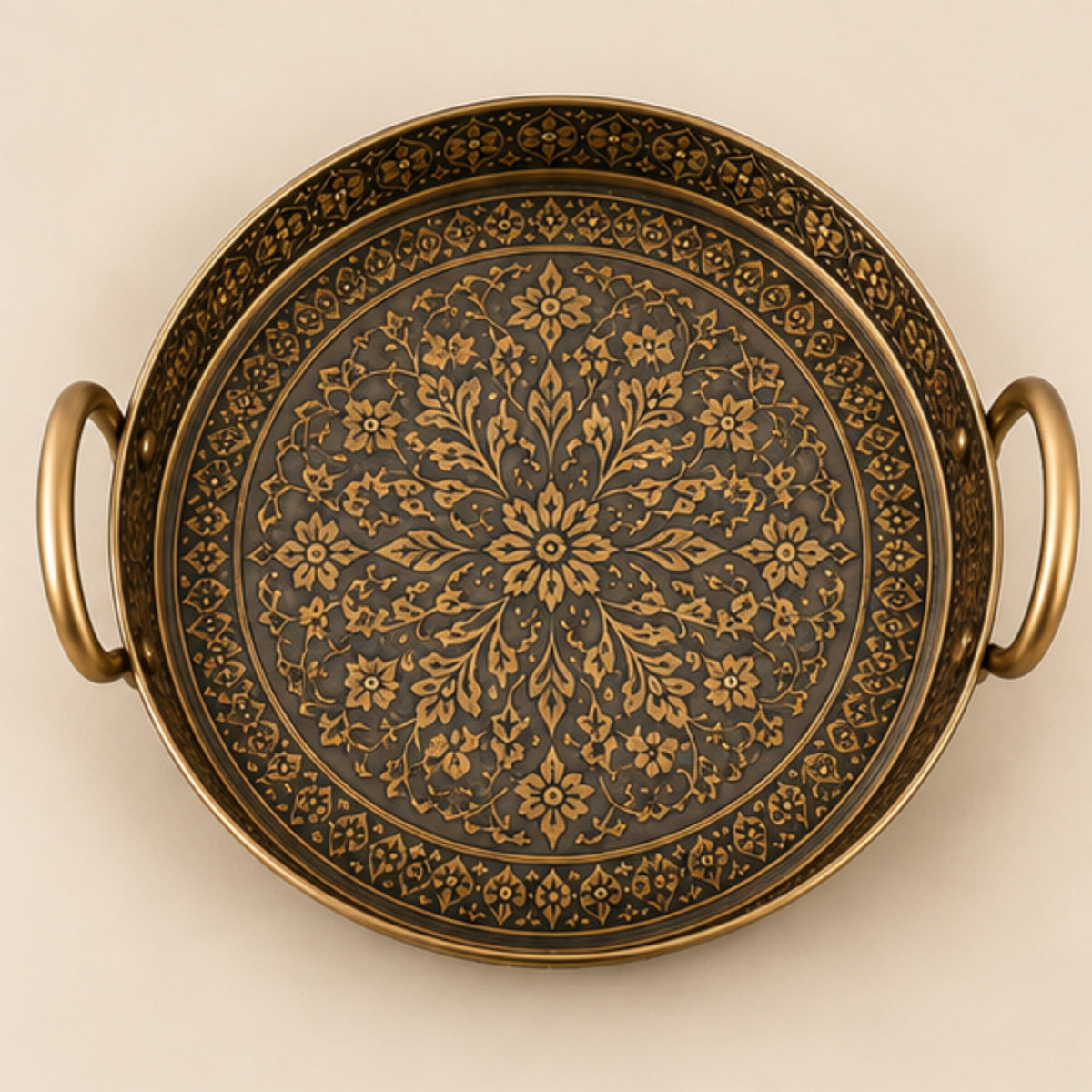 ANTIQUE FLORAL ENGRAVED ROUND TRAY SET