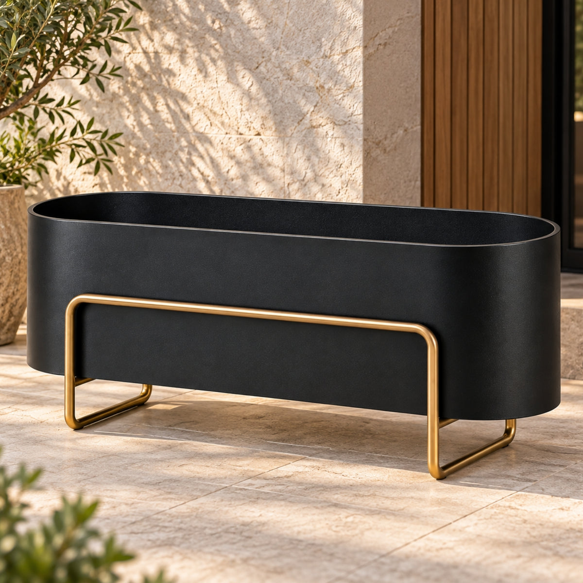 BLACK & GOLD RAISED RECTANGULAR OUTDOOR PLANTER