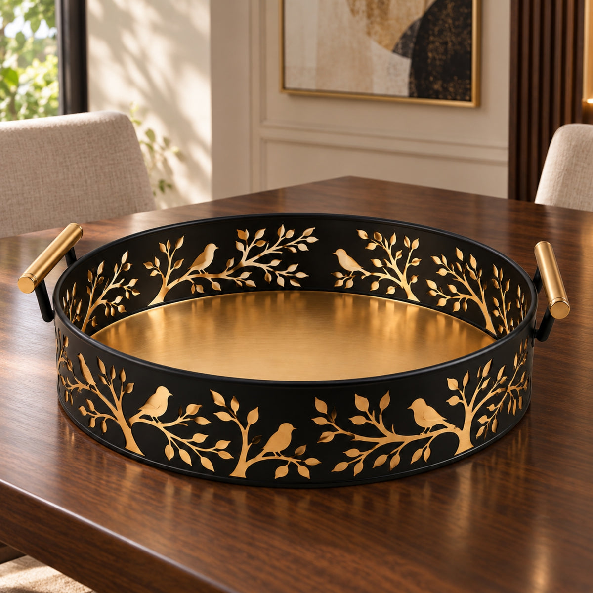 GOLDEN BIRD & BRANCH ROUND SERVING TRAY