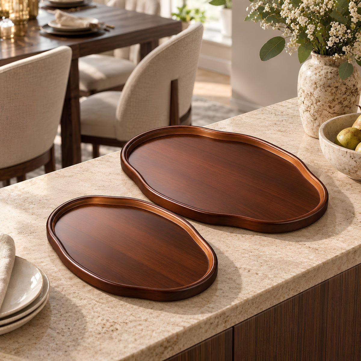 WALNUT ORGANIC SHAPE SERVING TRAY SET