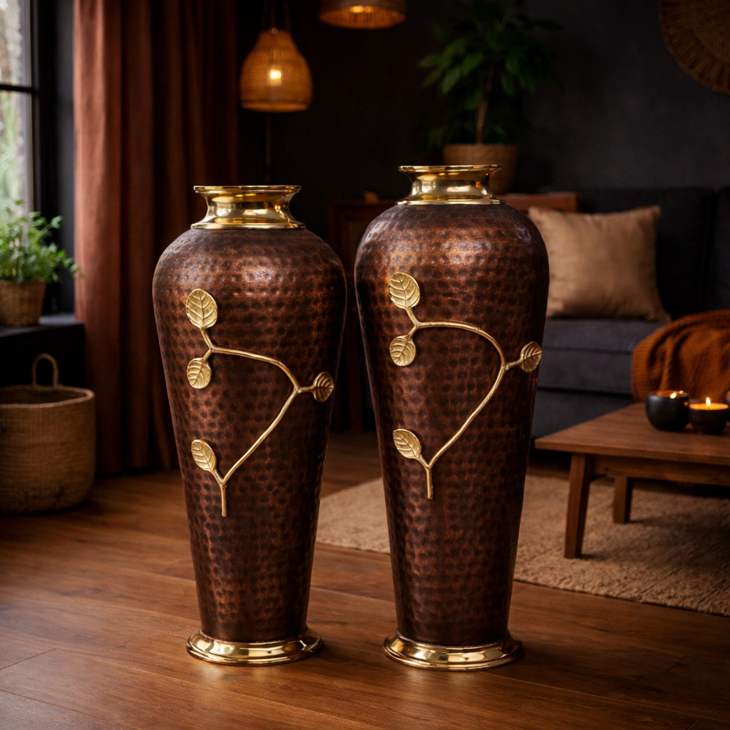 ARTISAN IRON VESSEL WITH POLISHED GOLD RIM & BASE - SET OF 02