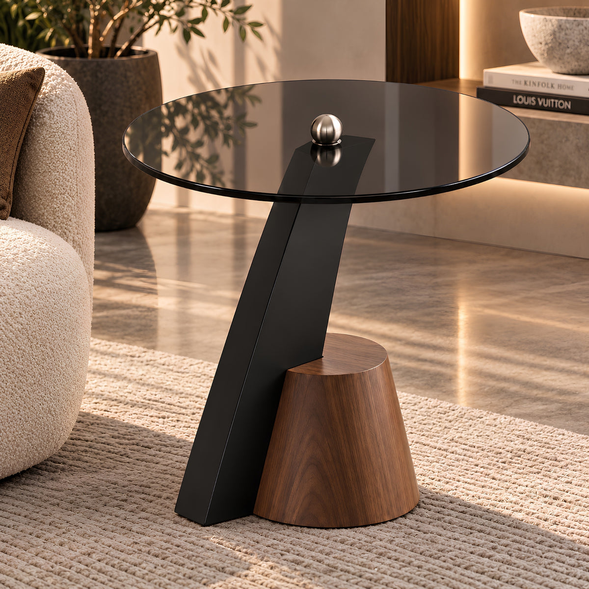 MODERN BLACK GLASS & WOOD SIDE TABLE