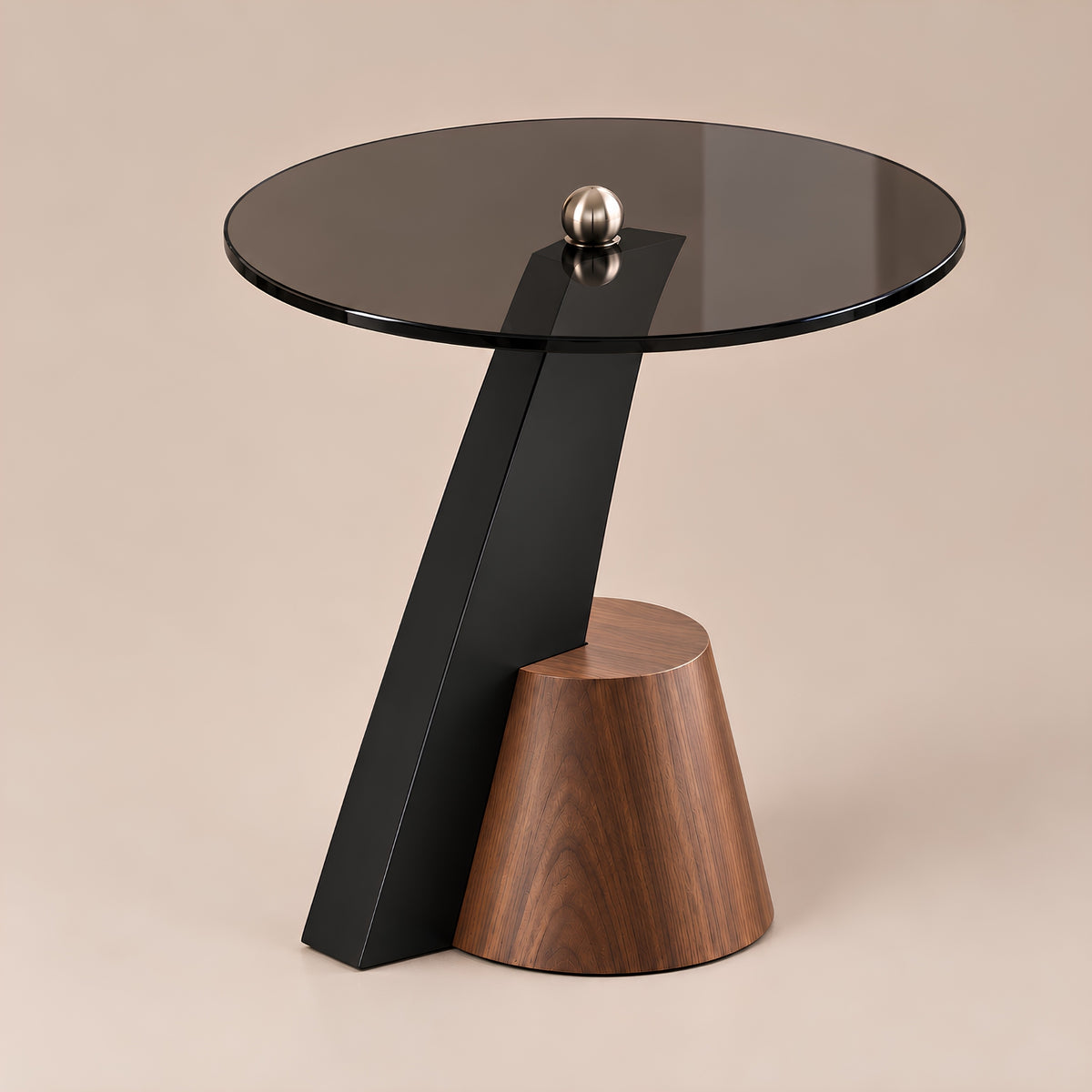 MODERN BLACK GLASS & WOOD SIDE TABLE